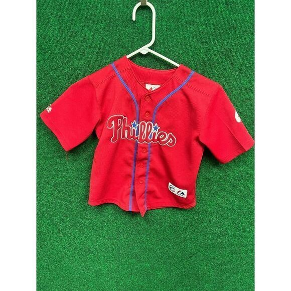 Y2K Youth Philadelphia Phillies Chase Utley Red Button Up Majestic Jersey Sz 7 - Picture 1 of 7